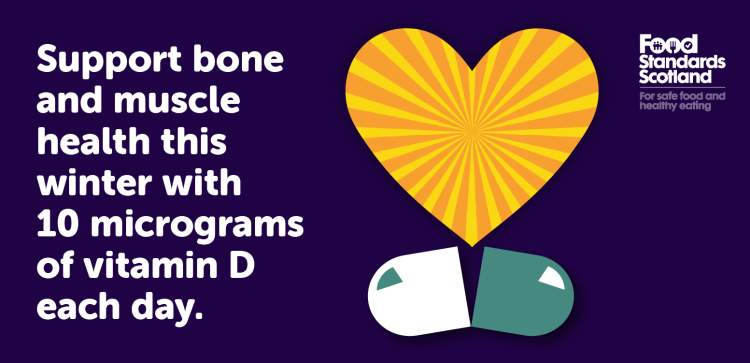 illustration of a vitamin D supplement with the text support bone and muscle health this winter with 10 micrograms of vitamin D each day